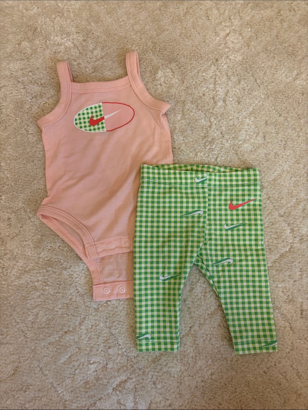 Nike Pink Tank One-Piece with Green Gingham Logo Leggings - 3 months